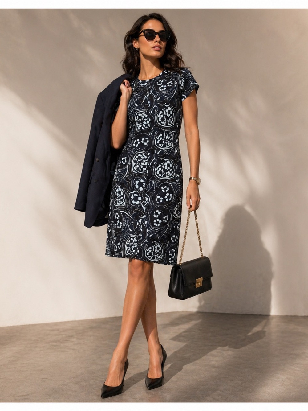 Theory Feraimi Blue Retro Floral Crepe Dress Sz- 8 Mod Monochrome DarkAcademia
